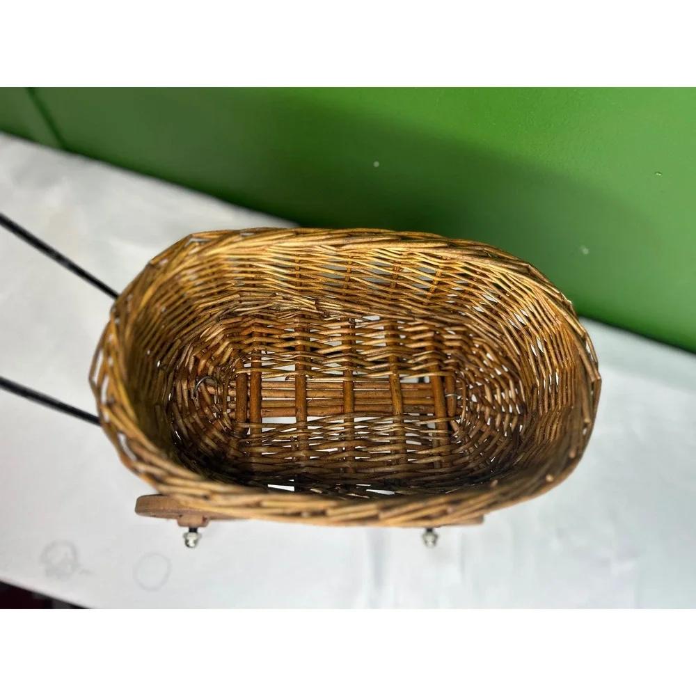 Vintage Wicker Doll Carriage Decorative Basket Metal Frame Wooden Wheels Rustic